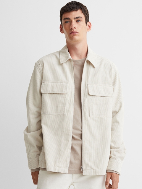 

H&M Men White Striped Pure Cotton Corduroy Shirt Jacket