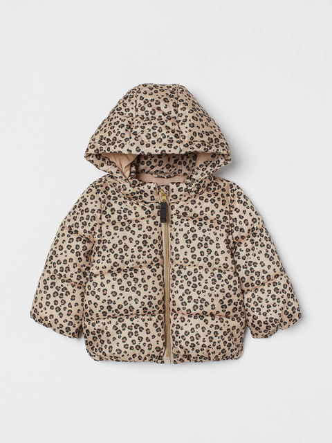 

H&M Kids Girls Beige & Black Printed Hooded Puffer Jacket