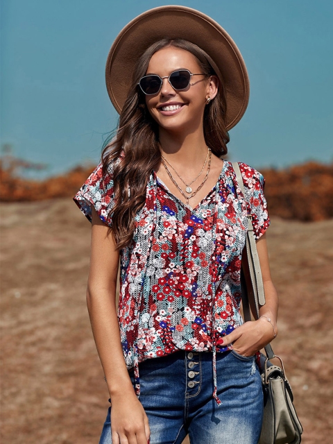 

URBANIC Rust & White Floral Regular Lace Up Top