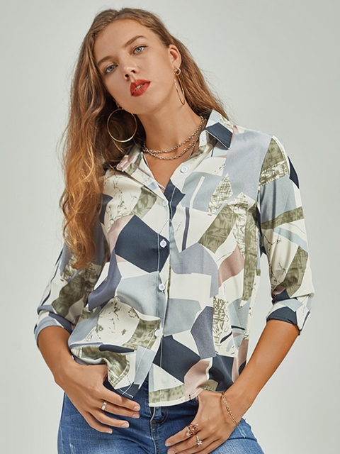 

URBANIC Women White & Grey Geometric Printed Casual Shirt