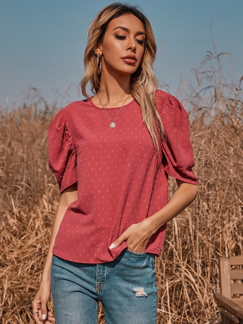 

URBANIC Women Red Dobby Weave Regular Top