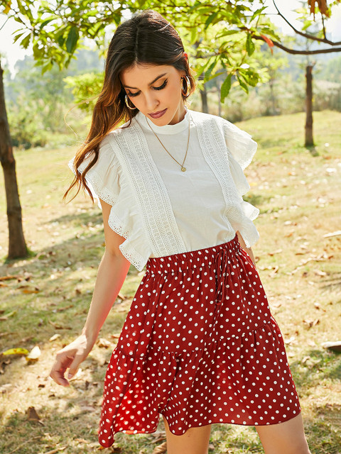 

URBANIC Off White Solid Cotton Regular Top with Lace Inserts