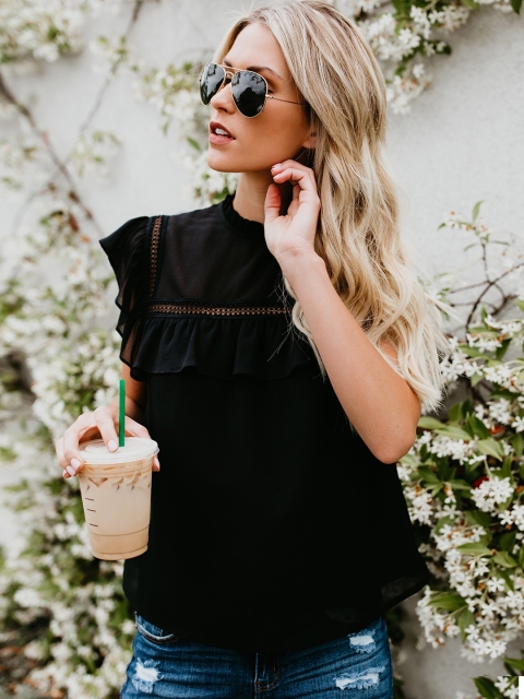 

URBANIC Black Solid Ruffles Detail Regular Top
