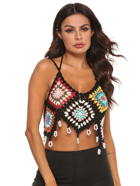 

URBANIC Black & White Geometric Design Beads Styled Back Top