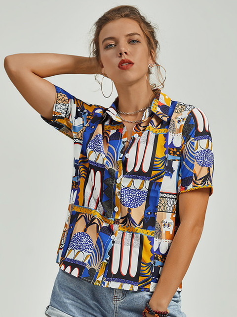 

URBANIC Women Blue & Mustard Yellow Printed Casual Shirt