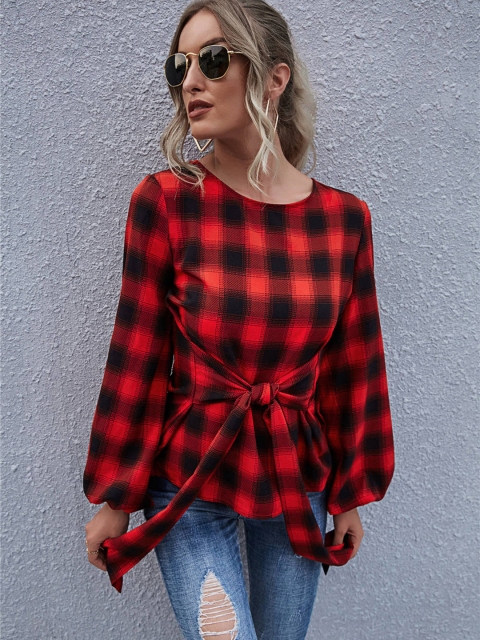 

URBANIC Red & Black Checked Regular Top