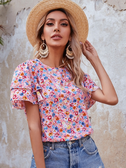 

URBANIC Pink & Blue Floral Printed Regular Top