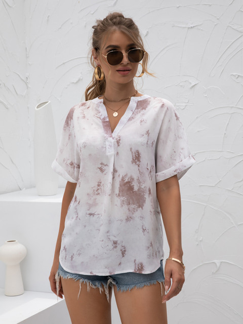 

URBANIC White & Taupe Dyed Mandarin Collar Extended Sleeves Shirt Style Top