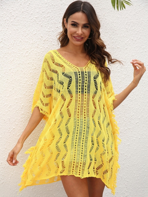 

URBANIC Mustard Yellow Self Chevron Design Sheer Fringed Swim Cover Up Kafatan