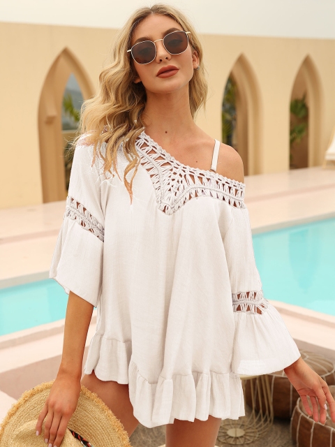 

URBANIC Off-White Solid Lace Insert Styled Back Swim Cover Up Top