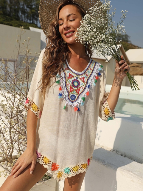 

URBANIC Beige & Blue Yoke Embroidered Tasselled & Crochet Detail A-Line Swim Cover-Up Top