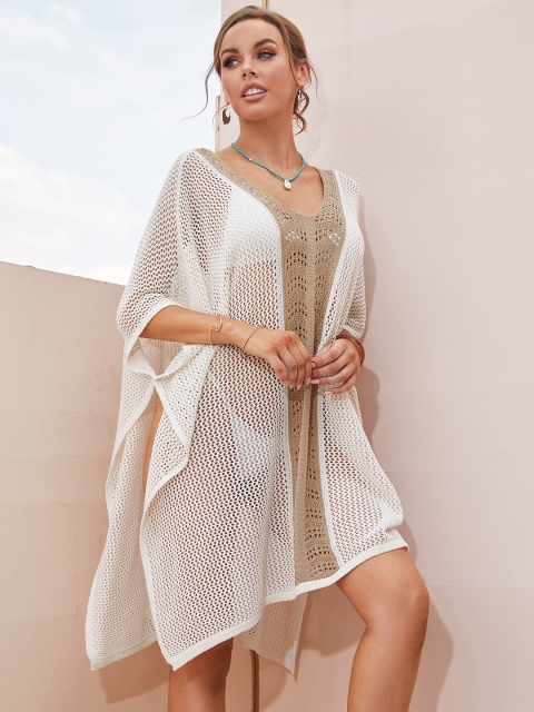 

URBANIC Women White & Biege Pure Cotton Open Knit Cover Up Dress