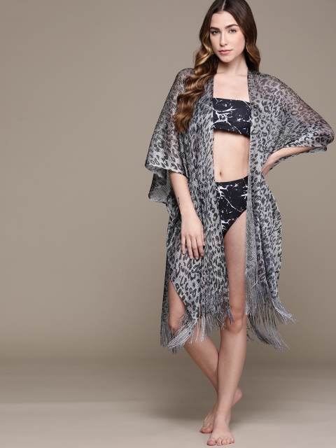 

URBANIC Grey & Black Animal Print Sheer Fringed Swim Cover-Up Front-Open Kaftan
