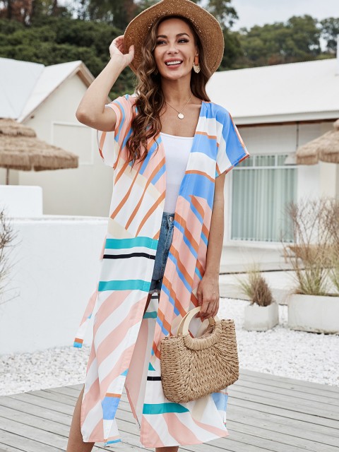 

URBANIC Women Peach-Coloured & Blue Striped Cover Up Dress