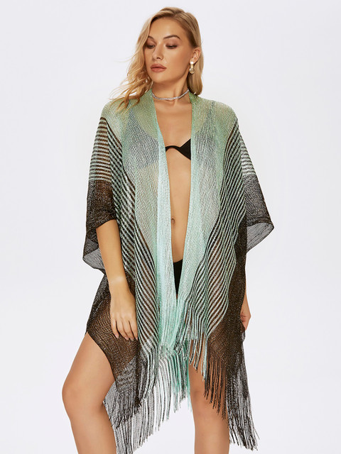 

URBANIC Women Blue & Black Striped Open Front Cover Up Swim Dress