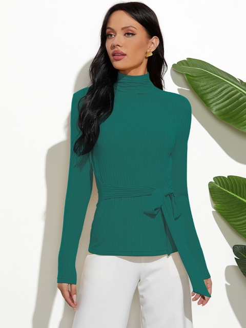 

URBANIC Teal Green Ribbed Fitted Top with Belt