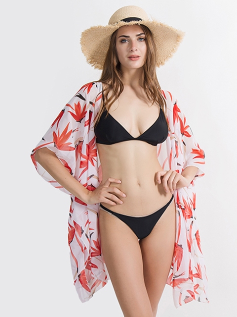 

URBANIC White & Red Floral Print Front Open Swim Cover Up Kaftan