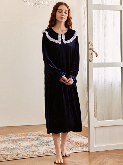 

URBANIC Navy Blue Solid Midi Velvet Finish Nightdress