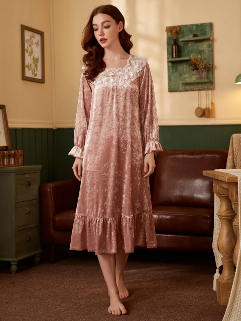 

URBANIC Pink Velvet Finish Midi Nightdress
