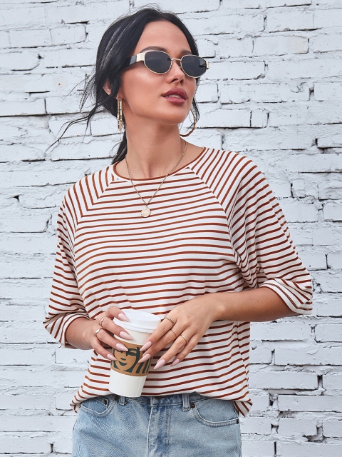 

URBANIC Women Brown & White Striped T-shirt