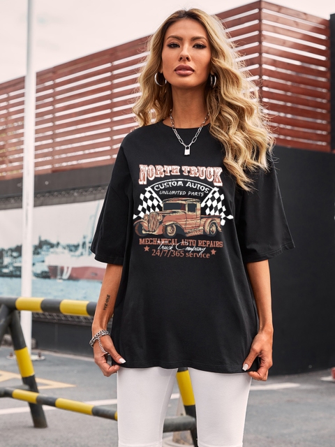 

URBANIC Women Black & White Typography Print Drop-Shoulder Sleeves Cotton T-shirt