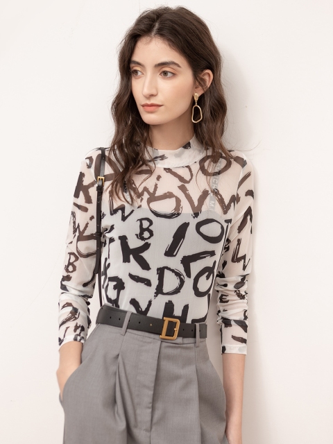 

URBANIC White & Black Printed Mandarin Collar Regular Top
