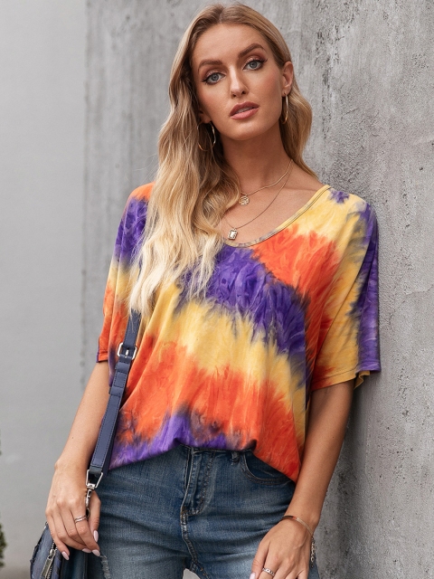 

URBANIC Women Orange & Purple Relaxed Fit Tie and Dye Dyed Extended Sleeves T-shirt