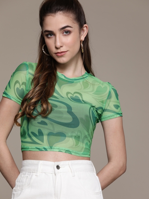 

URBANIC Women Green Printed Sheer Slim Fit Cropped T-shirt