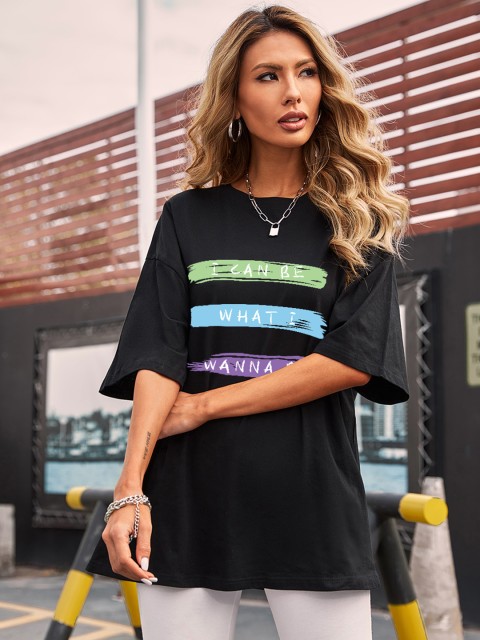 

URBANIC Women Black & White Typography Printed Extended Sleeves T-shirt