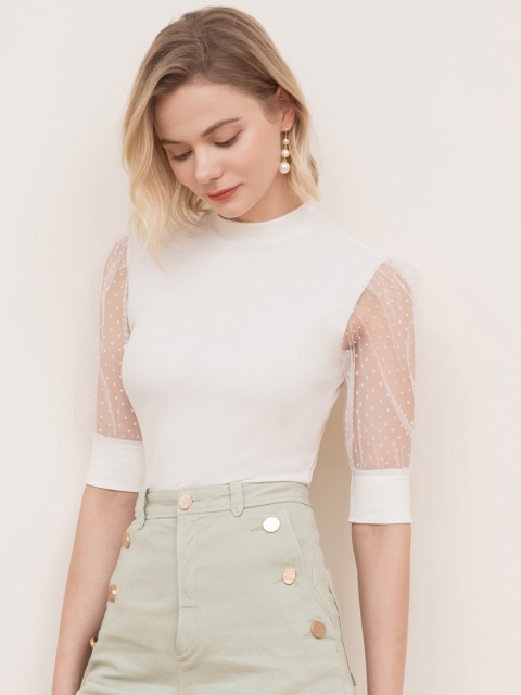

URBANIC Women White Solid Puff-Sleeves Fitted Top with Micro Print Detail