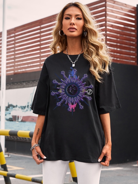 

URBANIC Women Black Printed Extended Sleeves T-shirt