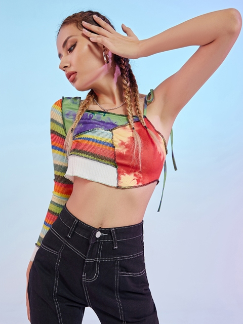 

URBANIC Multicoloured Striped & Dyed Crop Top, Multi