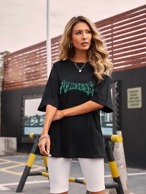 

URBANIC Women Black Typography Printed Extended Sleeves T-shirt