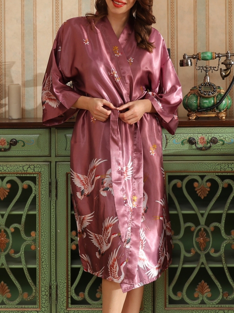 

URBANIC Women Mauve & Pink Printed Belted Lounge Robe