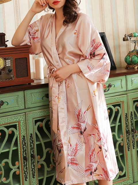 

URBANIC Women Pink & White Printed Belted Lounge Robe