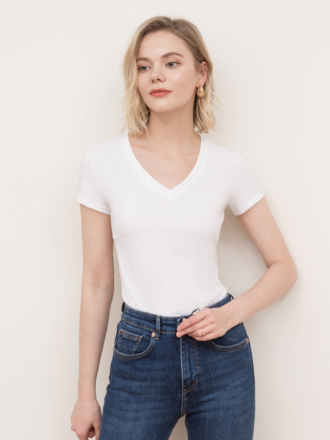 

URBANIC Women White V-Neck Slim Fit T-shirt