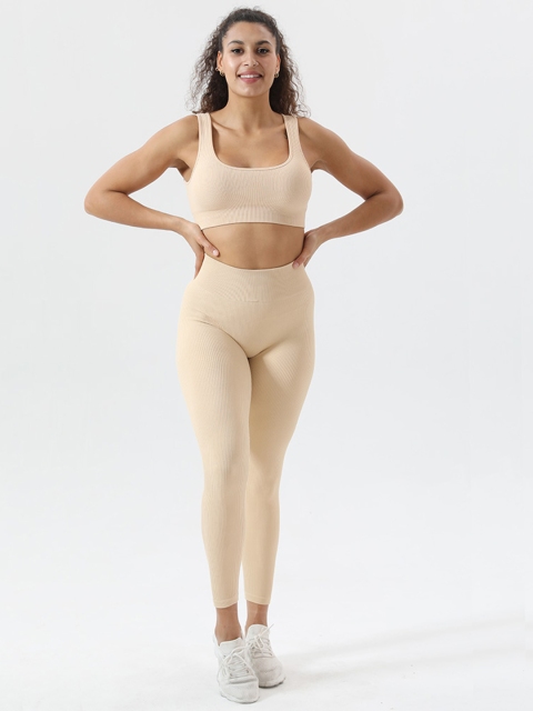 

URBANIC Women Beige Ribbed Slim Fit Padded Gym Track Suit