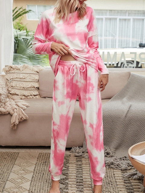 

URBANIC Women Pink & White Dyed Relaxed Fit Jogger Set