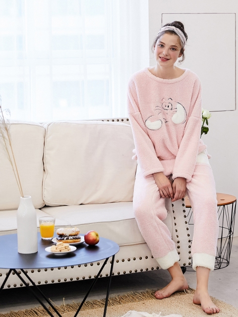 

URBANIC Women Pink Sherpa Embroidered Pyjama Set