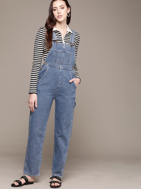 

URBANIC Women Blue Solid Cotton Relaxed Fit Denim Dungarees