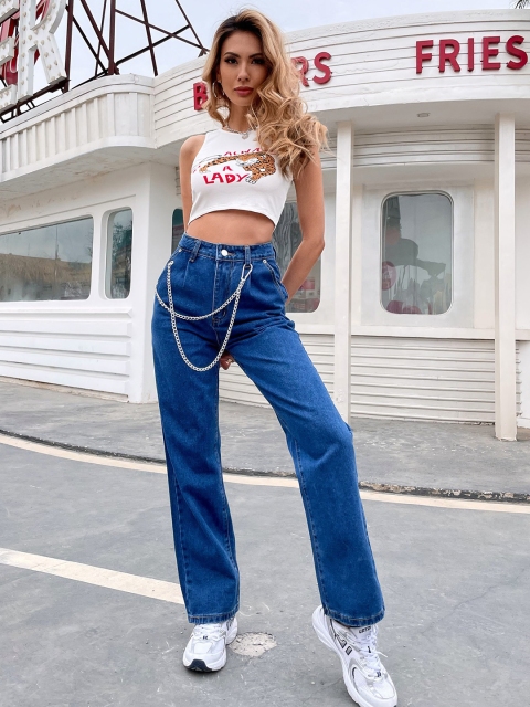 

URBANIC Women Blue Wide Leg Jeans with Chain Detail