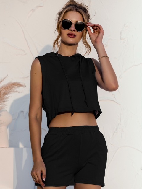 

URBANIC Women Black Cotton Solid Crop Hooded Two-Piece Jumpsuit