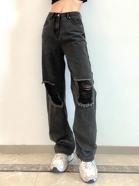 

URBANIC Women Charcoal Grey Cotton Wide Leg Highly Distressed Jeans