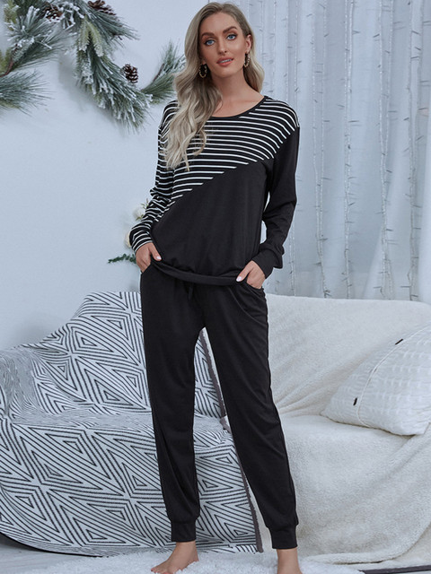 

URBANIC Women Black & White Striped Night suit