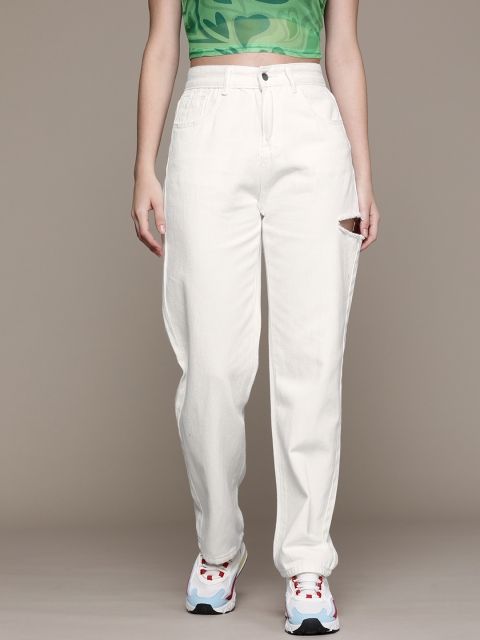 

URBANIC Women White High-Rise Low Cotton Distress Jeans