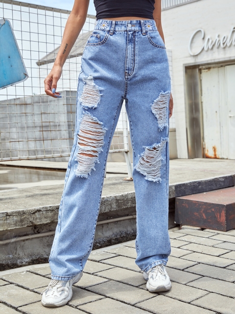 

URBANIC Women Blue Straight Fit Highly Distressed Embroidered Stretchable Jeans