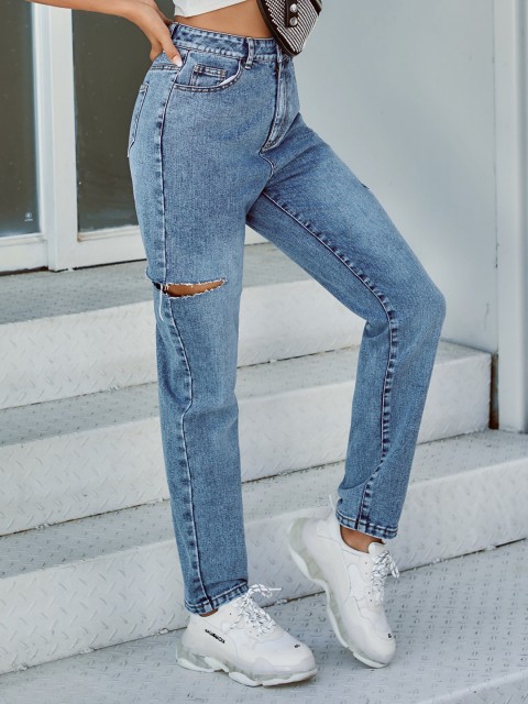 

URBANIC Women Blue Straight Fit High-Rise Low Distress Jeans