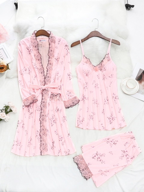 

URBANIC Women Pink Floral Printed Pyjamas Set with Robe