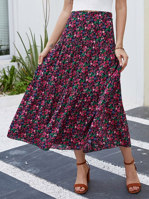 

URBANIC Women Navy Blue & Pink Floral Print Tiered A-Line Midi Skirt