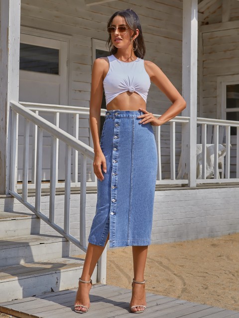 

URBANIC Women Blue Cotton Button Slit Midi Denim Pencil Skirt
